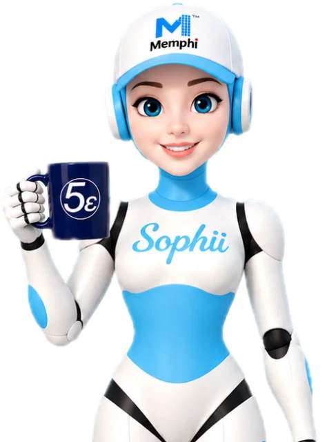 Sophii, the 5e Analytics AI assistant, holding a 5e coffee mug