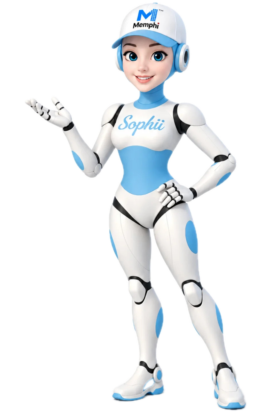 Sophii, the 5e Analytics AI assistant, in a Memphi cap, gesturing with an open hand